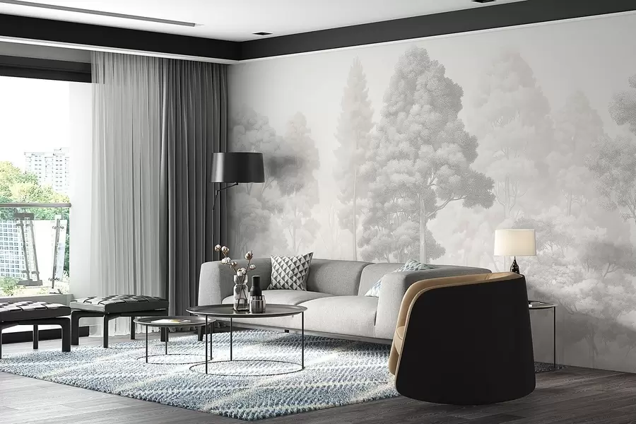 wall murals Уметнички шумски пејзаж у техници црно-белог графичког шрафирања w09411