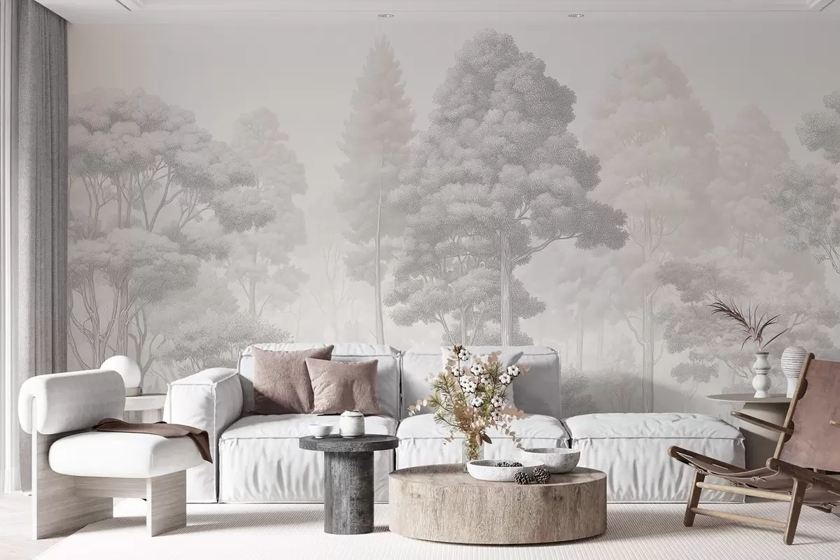 wall murals Уметнички шумски пејзаж у техници црно-белог графичког шрафирања w09411