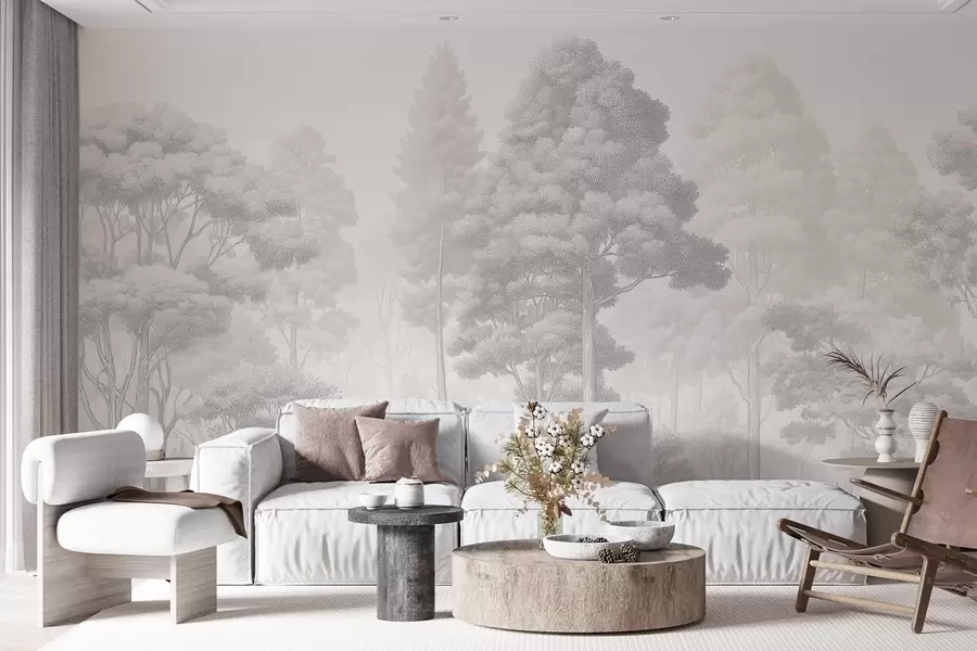wall murals Уметнички шумски пејзаж у техници црно-белог графичког шрафирања w09411
