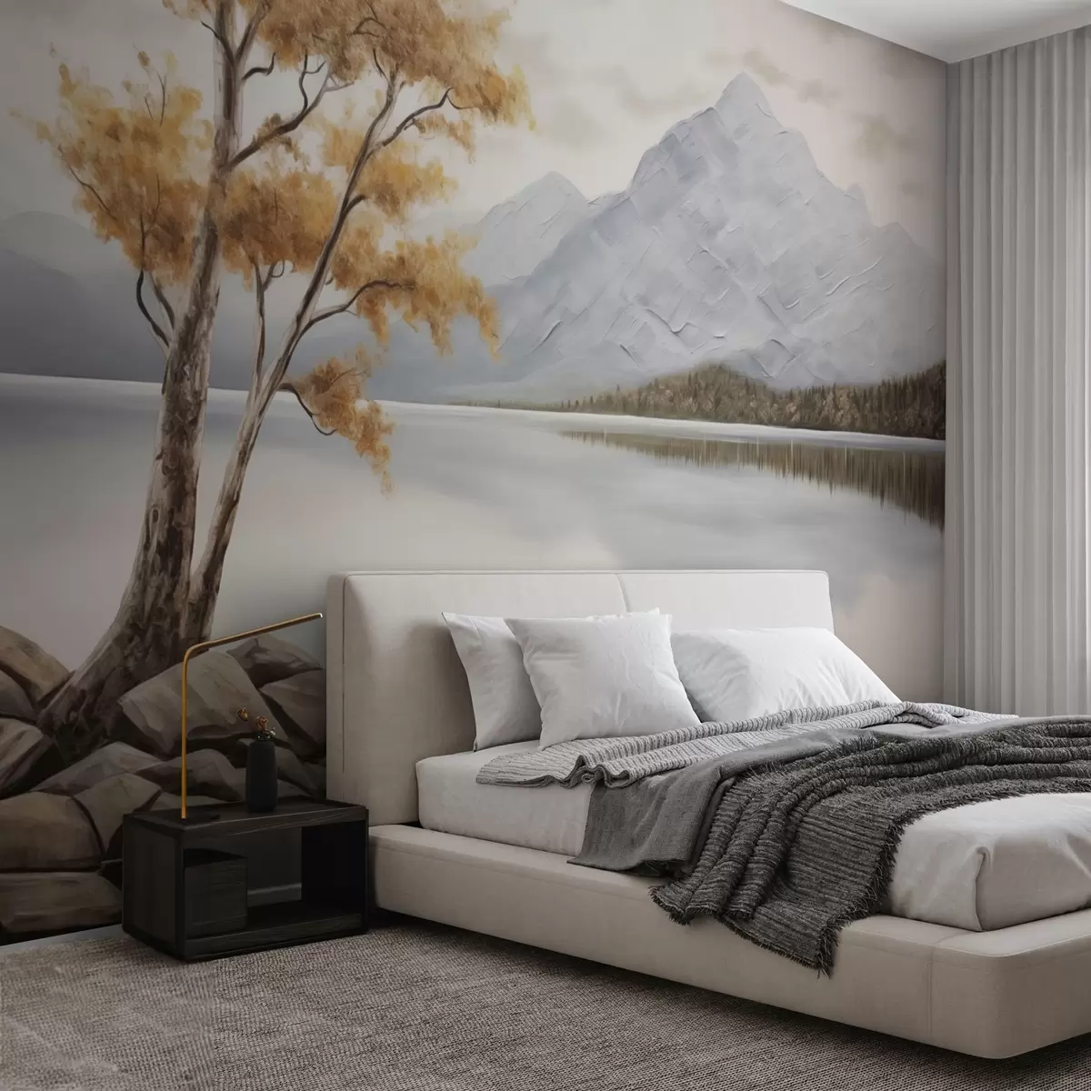 wall murals Јесење дрво поред планинског језера, мирне пастелне боје w04611