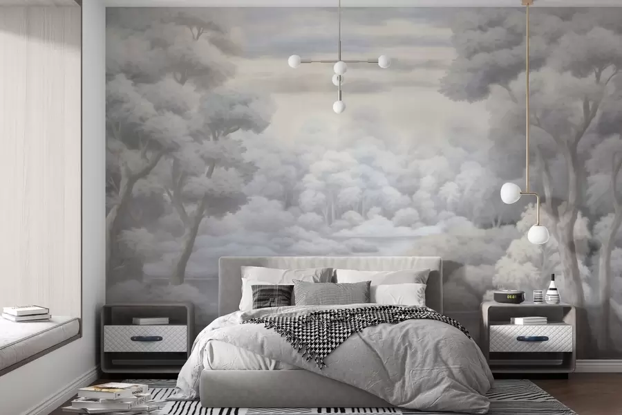 wall murals Магловита шума и језеро у меким сивим тоновима w04617
