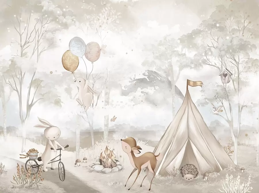 wall murals Дечији камп у топлим беж тоновима, шатор и шумске животиње w04671