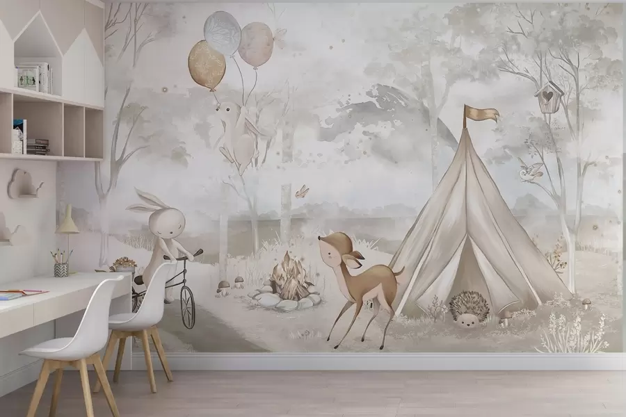 wall murals Дечији камп у топлим беж тоновима, шатор и шумске животиње w04671