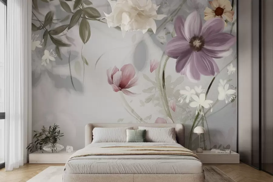 wall murals Ружичасто и бело цвеће са зеленим стабљикама и листовима, меко осветљење, пригушене боје, цветни аранжман w09417v1