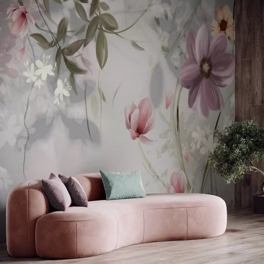 wall murals Ружичасто и бело цвеће са зеленим стабљикама и листовима, меко осветљење, пригушене боје, цветни аранжман w09417v1