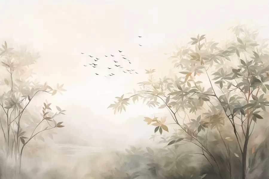 wall murals Текстурирани пејзаж са дрвећем и јатом птица које лете небом, пастелне боје, природа w09418