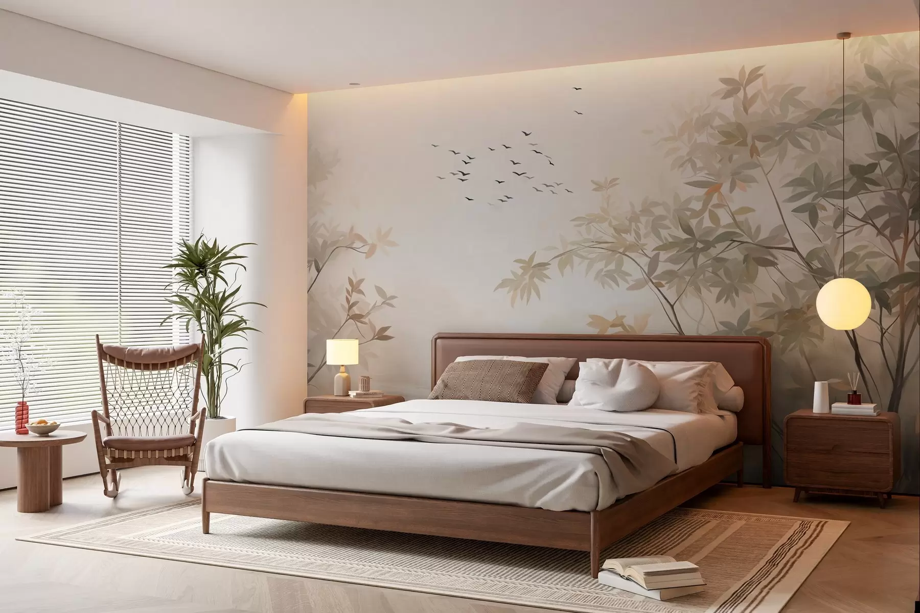 wall murals Текстурирани пејзаж са дрвећем и јатом птица које лете небом, пастелне боје, природа w09418