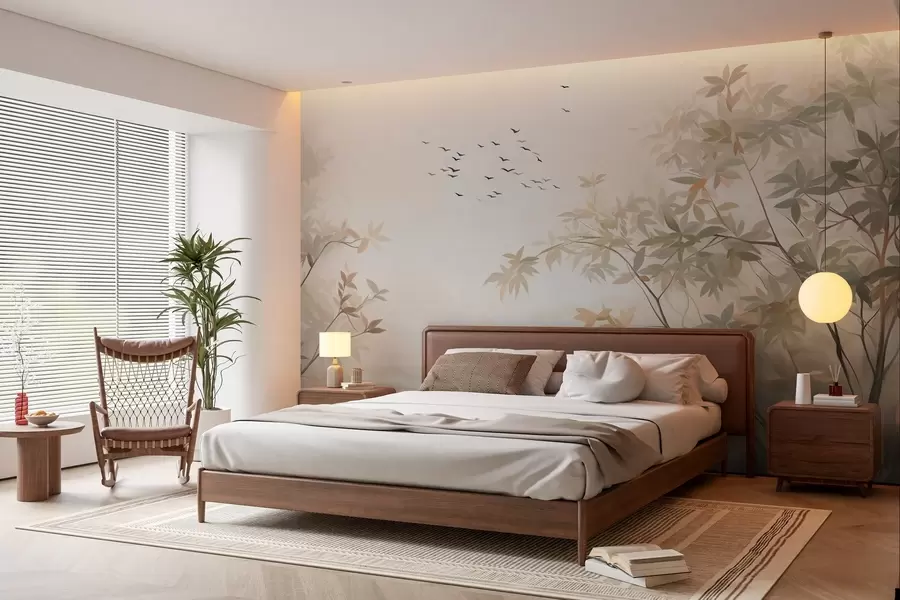 wall murals Текстурирани пејзаж са дрвећем и јатом птица које лете небом, пастелне боје, природа w09418