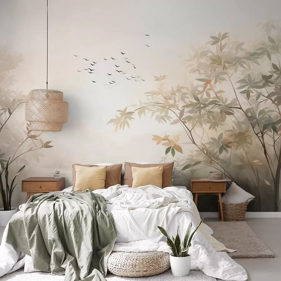 wall murals Текстурирани пејзаж са дрвећем и јатом птица које лете небом, пастелне боје, природа w09418