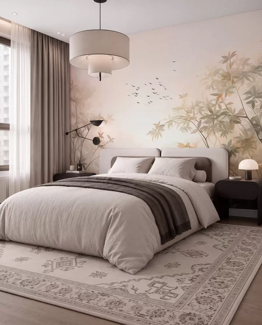 wall murals Текстурирани пејзаж са дрвећем и јатом птица које лете небом, пастелне боје, природа w09418