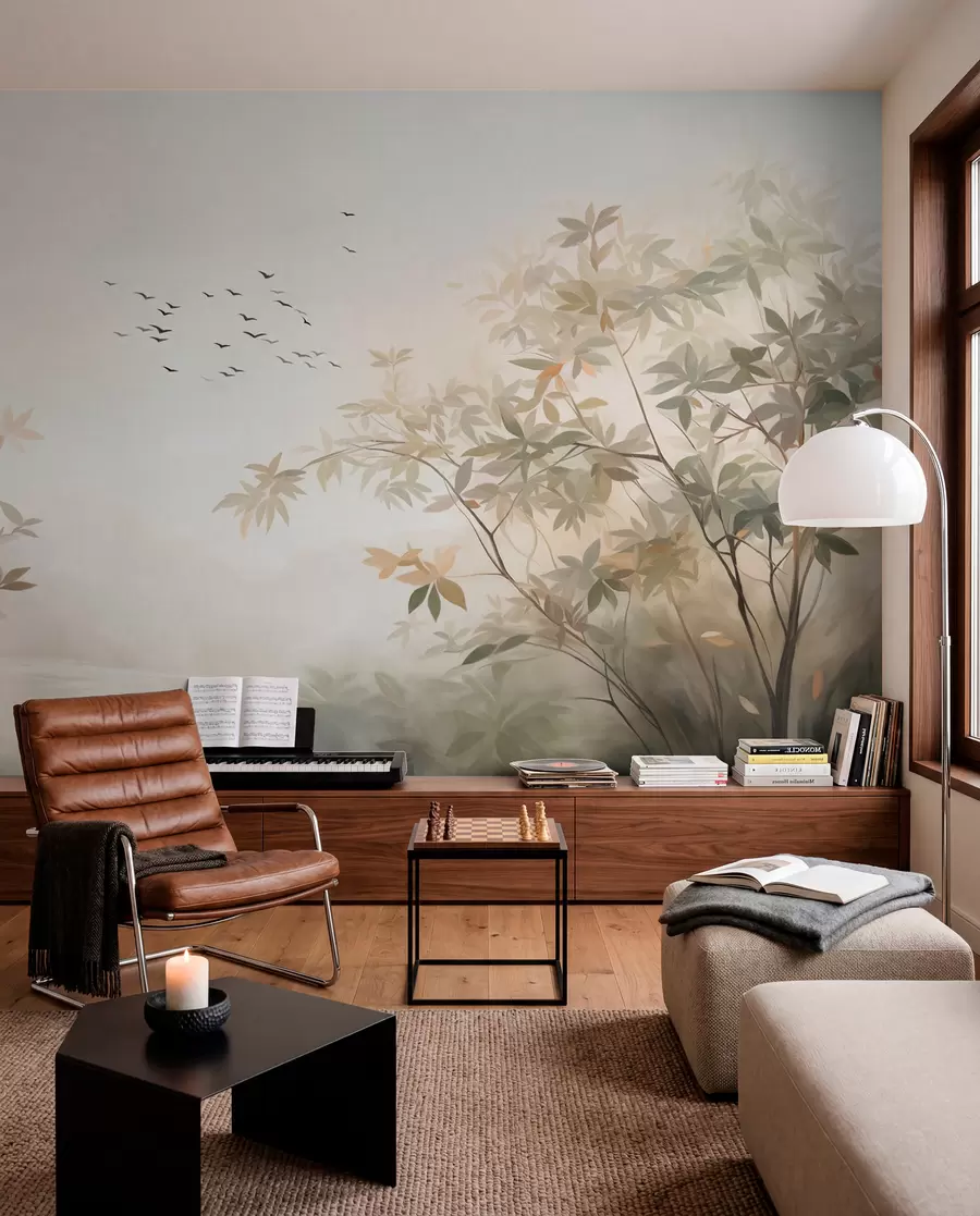 wall murals Текстурирани пејзаж са дрвећем и јатом птица које лете небом, пастелне боје, природа w09418