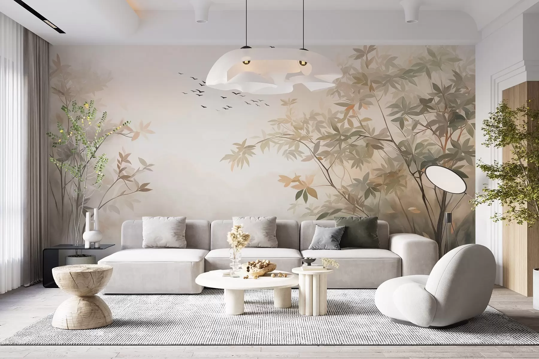 wall murals Текстурирани пејзаж са дрвећем и јатом птица које лете небом, пастелне боје, природа w09418