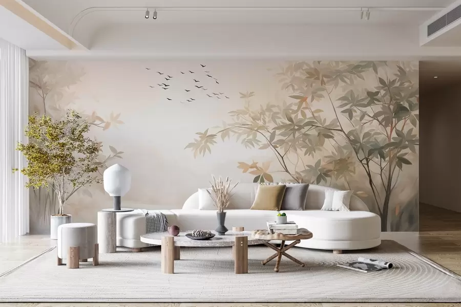 wall murals Текстурирани пејзаж са дрвећем и јатом птица које лете небом, пастелне боје, природа w09418