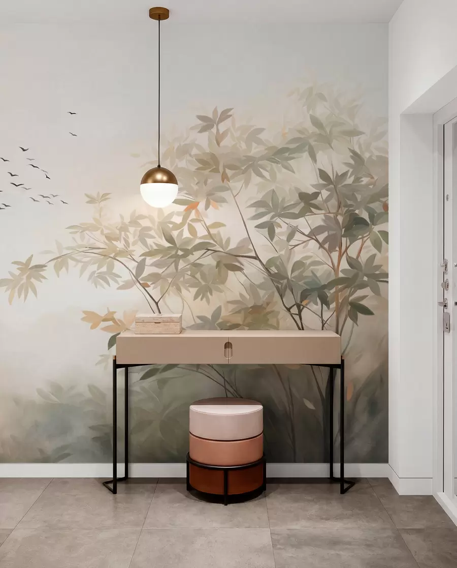 wall murals Текстурирани пејзаж са дрвећем и јатом птица које лете небом, пастелне боје, природа w09418