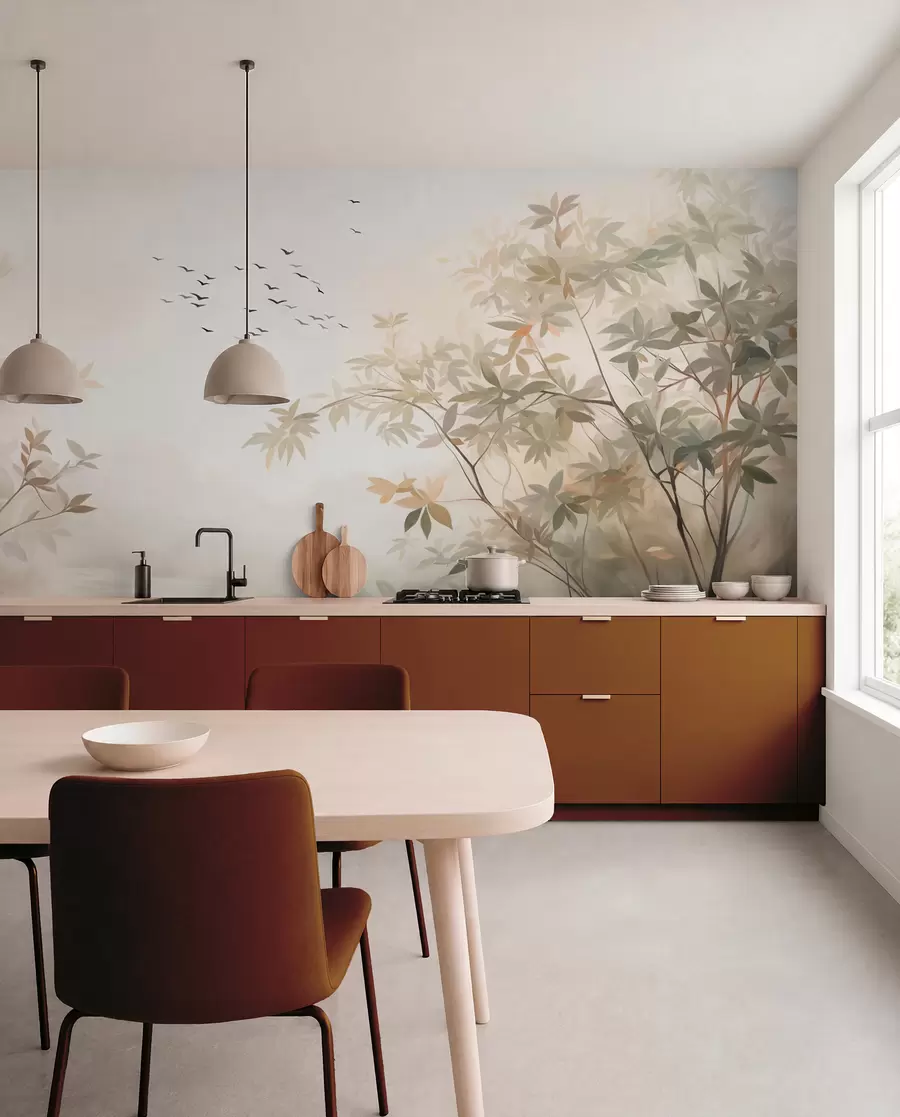 wall murals Текстурирани пејзаж са дрвећем и јатом птица које лете небом, пастелне боје, природа w09418