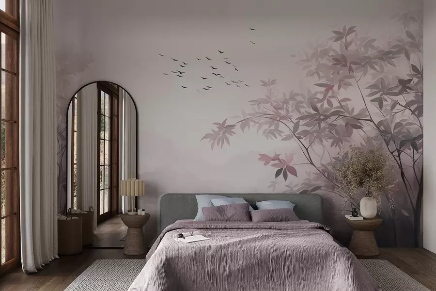 wall murals Текстурирани пејзаж са дрвећем и јатом птица које лете небом, пастелне боје, природа w09418v1