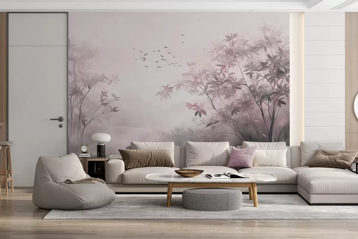 wall murals Текстурирани пејзаж са дрвећем и јатом птица које лете небом, пастелне боје, природа w09418v1