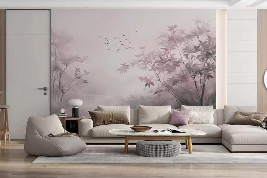 wall murals Текстурирани пејзаж са дрвећем и јатом птица које лете небом, пастелне боје, природа w09418v1