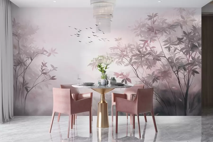 wall murals Текстурирани пејзаж са дрвећем и јатом птица које лете небом, пастелне боје, природа w09418v1