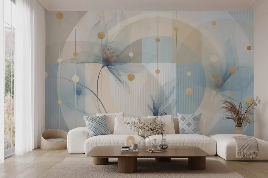 wall murals Апстрактни провидни цветови, кругови и геометријски облици, пастелно плава, беж и бела палета боја w09419