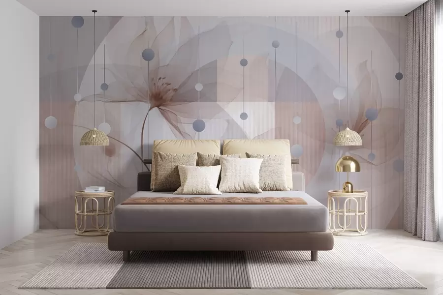 wall murals Апстрактни провидни цветови, кругови и геометријски облици, пастелно плава, браон и бела палета боја w09419v1