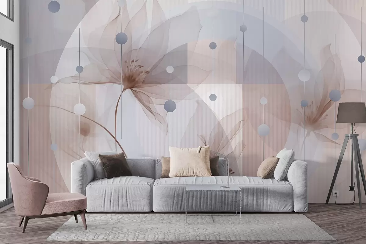 wall murals Апстрактни провидни цветови, кругови и геометријски облици, пастелно плава, браон и бела палета боја w09419v1