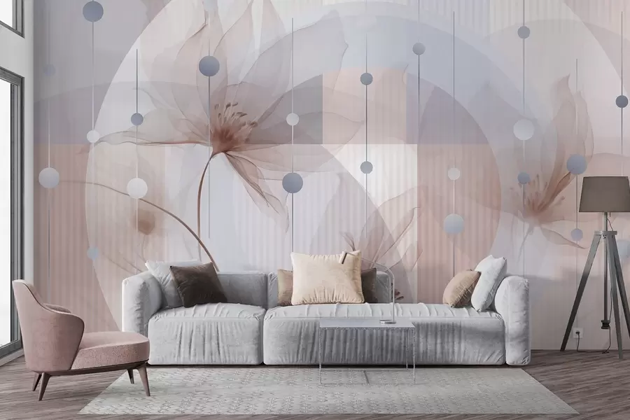 wall murals Апстрактни провидни цветови, кругови и геометријски облици, пастелно плава, браон и бела палета боја w09419v1