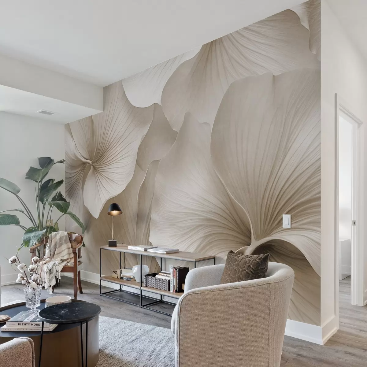 wall murals Бели и беж листови гинка, мека текстура, апстрактна цветна позадина, минималистички модерни стил w09421v1