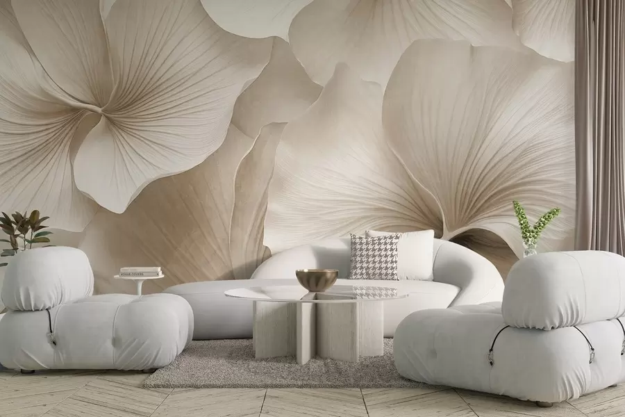 wall murals Бели и беж листови гинка, мека текстура, апстрактна цветна позадина, минималистички модерни стил w09421v1