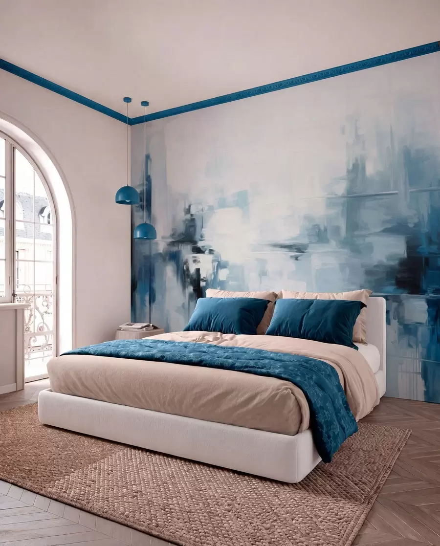 wall murals Апстрактна текстурирана имитација пејзажног сликарства са плавим и белим потезима четкице, модерни стил w09422