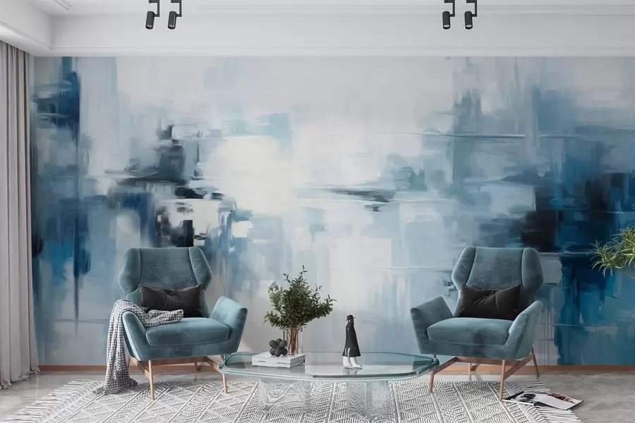 wall murals Апстрактна текстурирана имитација пејзажног сликарства са плавим и белим потезима четкице, модерни стил w09422