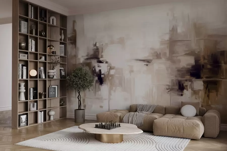 wall murals Апстрактна текстурирана имитација пејзажног сликарства са смеђим и белим потезима четкице, модерни стил w09422v1