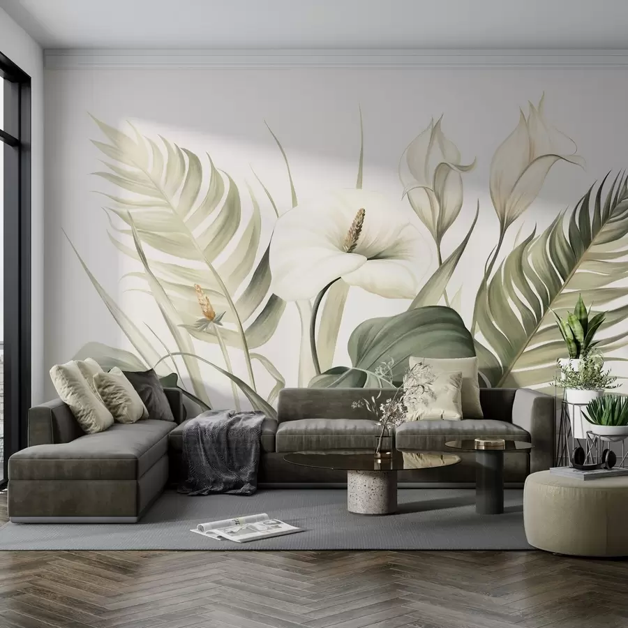 wall murals Беле кале и зелено тропско лишће, ботаничка илустрација, светла позадина, винтаге стил, текстурирано w09423