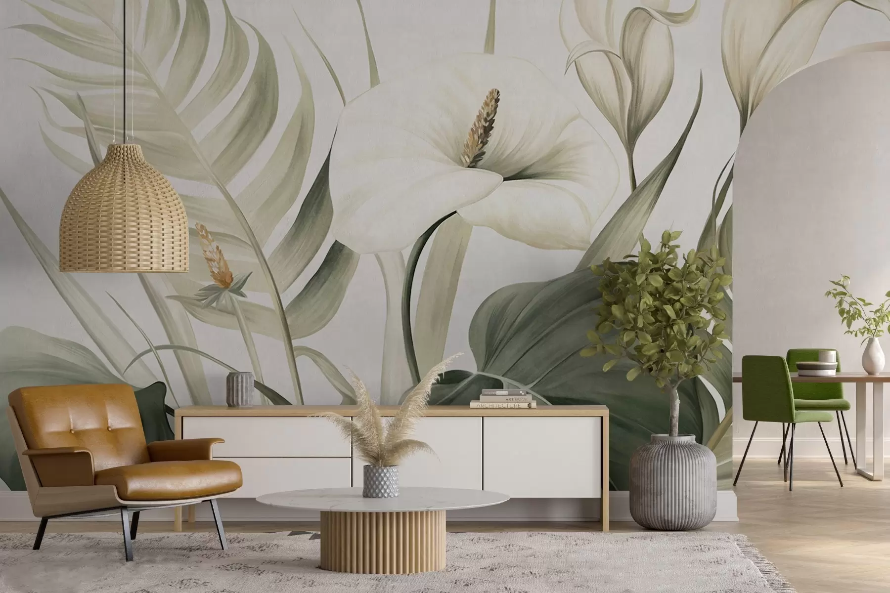 wall murals Беле кале и зелено тропско лишће, ботаничка илустрација, светла позадина, винтаге стил, текстурирано w09423