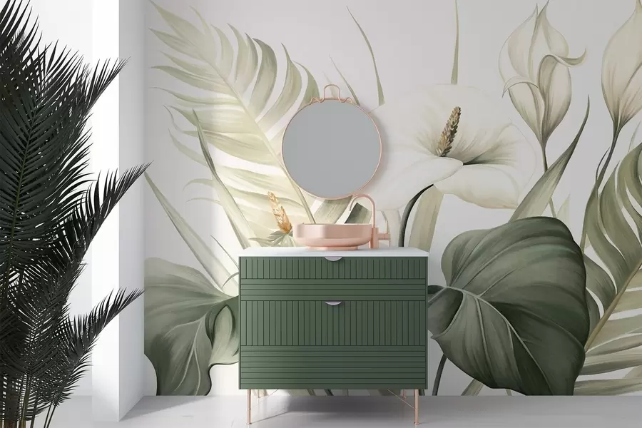 wall murals Беле кале и зелено тропско лишће, ботаничка илустрација, светла позадина, винтаге стил, текстурирано w09423