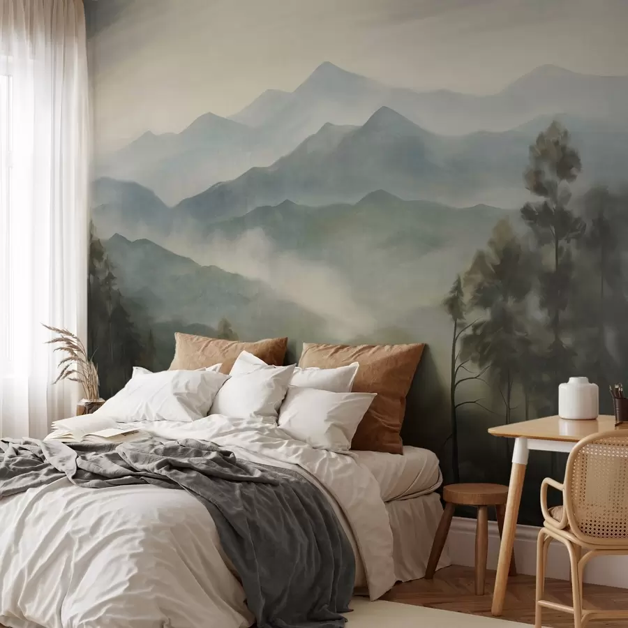 wall murals Магловити планински ланац са дрвећем, маглом, облачним небом, пригушеним бојама, стилом пејзажног сликарства w09424
