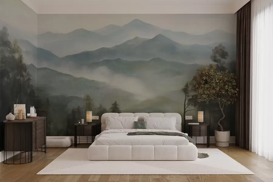 wall murals Магловити планински ланац са дрвећем, маглом, облачним небом, пригушеним бојама, стилом пејзажног сликарства w09424