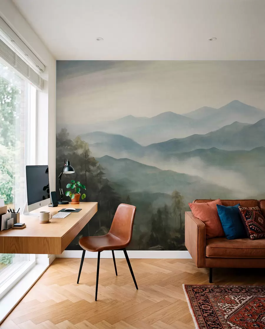 wall murals Магловити планински ланац са дрвећем, маглом, облачним небом, пригушеним бојама, стилом пејзажног сликарства w09424