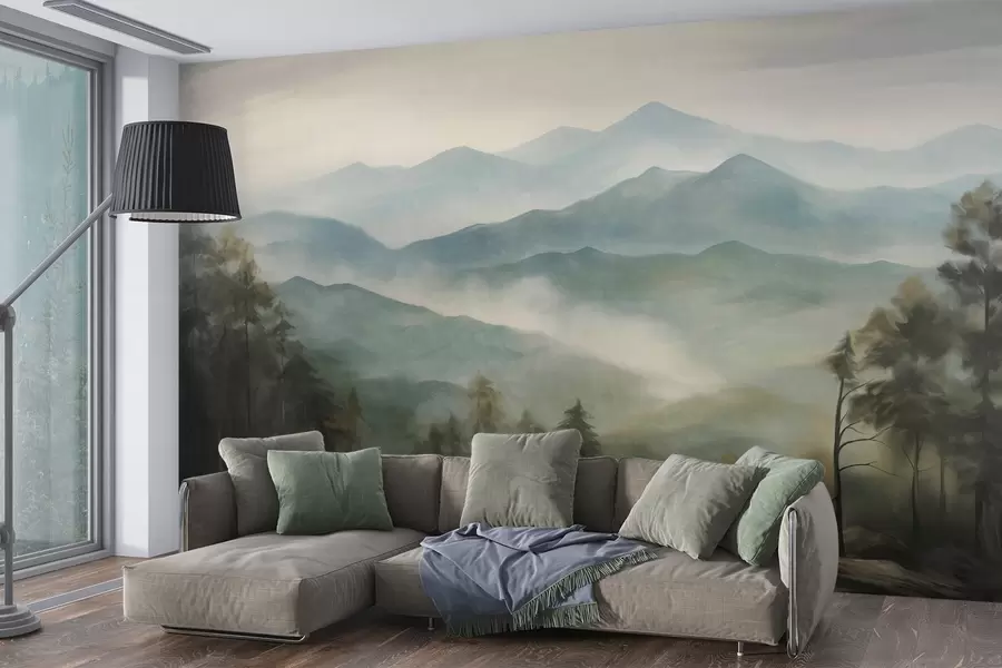 wall murals Магловити планински ланац са дрвећем, маглом, облачним небом, пригушеним бојама, стилом пејзажног сликарства w09424