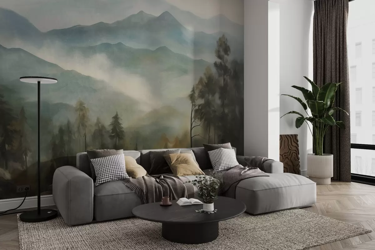 wall murals Магловити планински ланац са дрвећем, маглом, облачним небом, пригушеним бојама, стилом пејзажног сликарства w09424