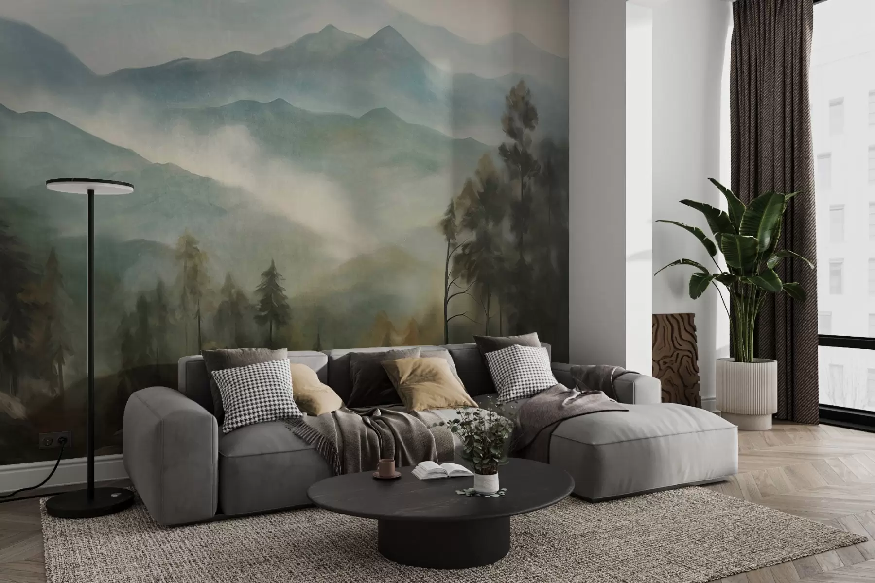 wall murals Магловити планински ланац са дрвећем, маглом, облачним небом, пригушеним бојама, стилом пејзажног сликарства w09424