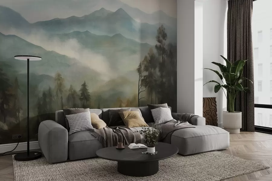 wall murals Магловити планински ланац са дрвећем, маглом, облачним небом, пригушеним бојама, стилом пејзажног сликарства w09424