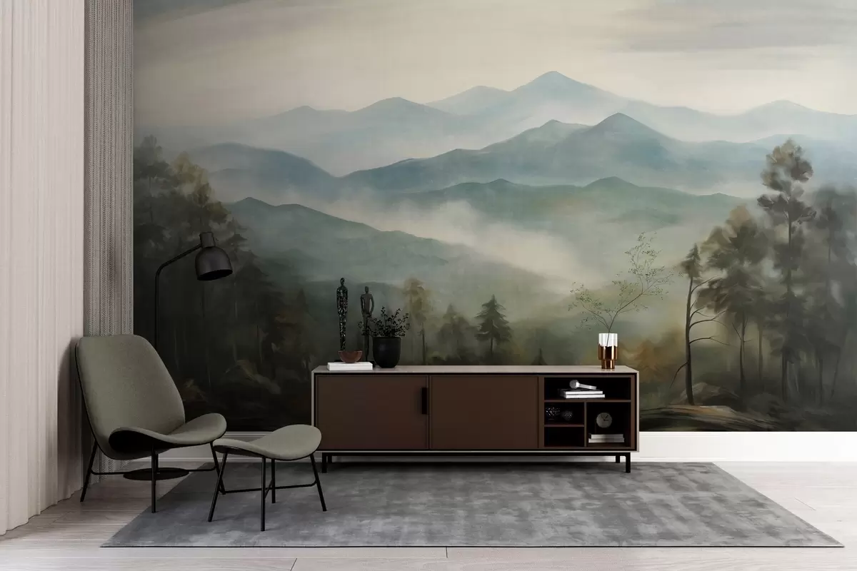 wall murals Магловити планински ланац са дрвећем, маглом, облачним небом, пригушеним бојама, стилом пејзажног сликарства w09424