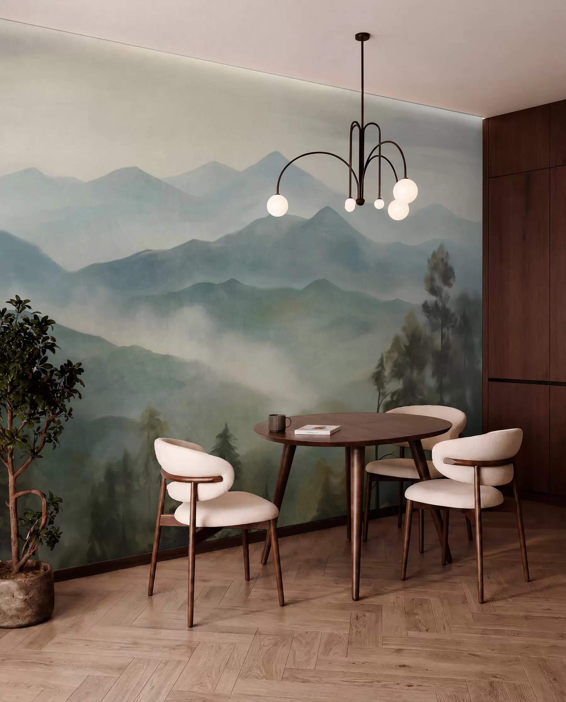 wall murals Магловити планински ланац са дрвећем, маглом, облачним небом, пригушеним бојама, стилом пејзажног сликарства w09424