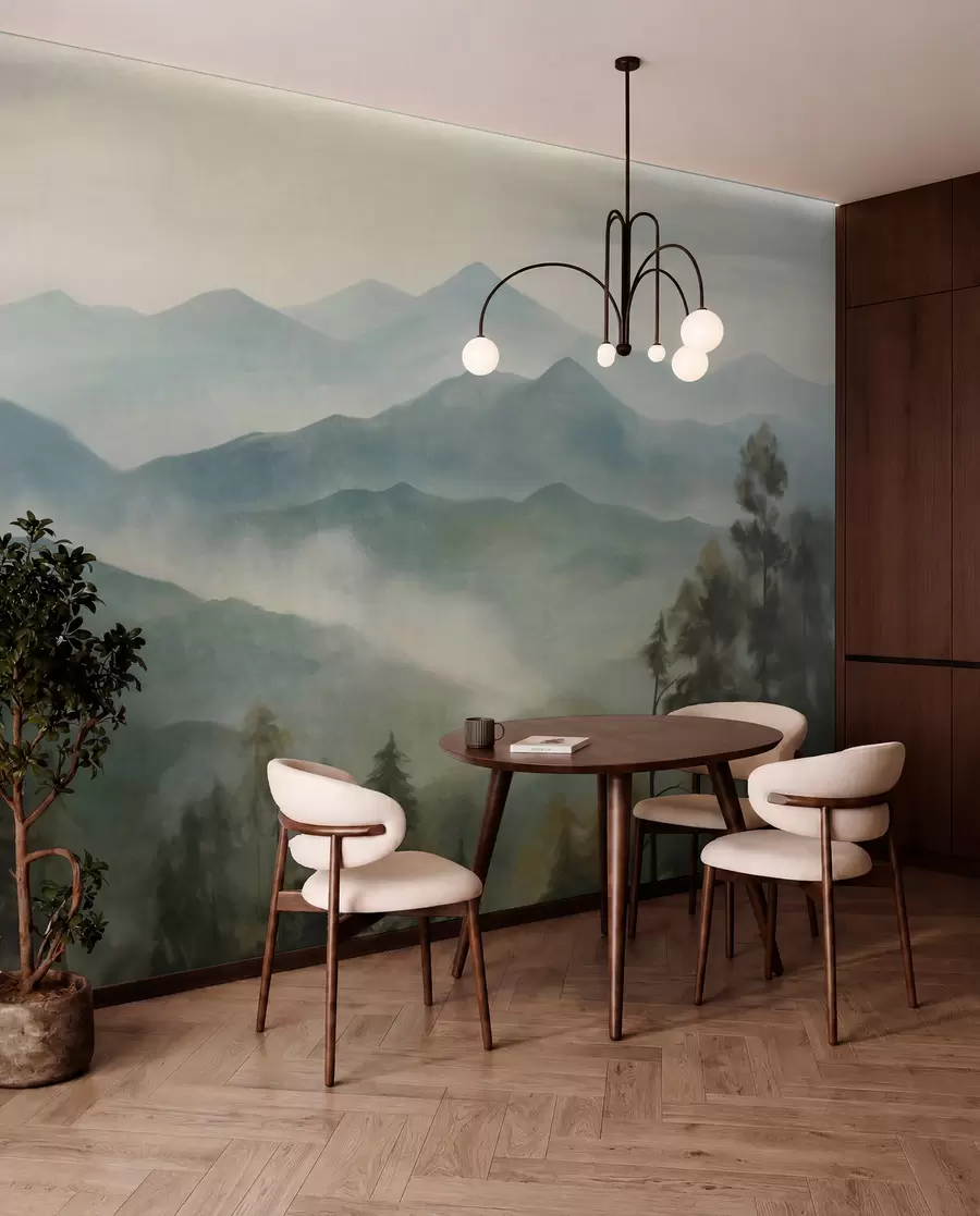 wall murals Магловити планински ланац са дрвећем, маглом, облачним небом, пригушеним бојама, стилом пејзажног сликарства w09424