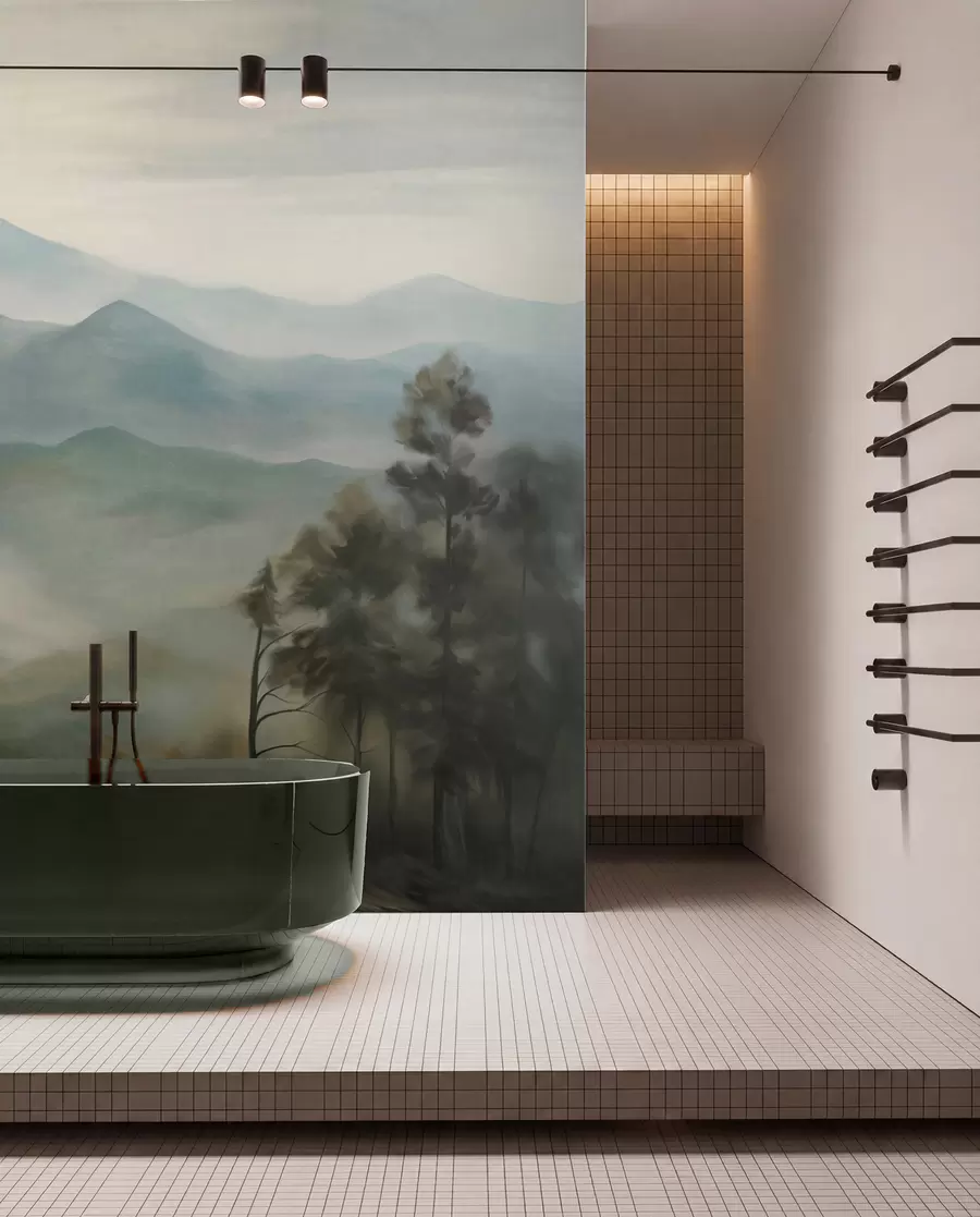 wall murals Магловити планински ланац са дрвећем, маглом, облачним небом, пригушеним бојама, стилом пејзажног сликарства w09424