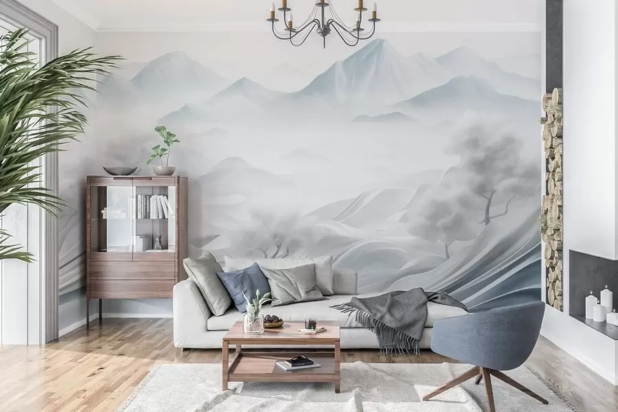 wall murals Снежни апстрактни декоративни планински пејзаж са белим дрвећем и маглом, минималистички текстурирани стил w09426