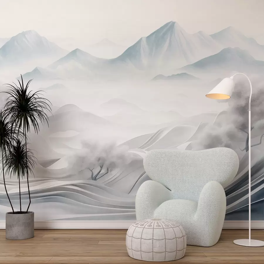 wall murals Снежни апстрактни декоративни планински пејзаж са белим дрвећем и маглом, минималистички текстурирани стил w09426