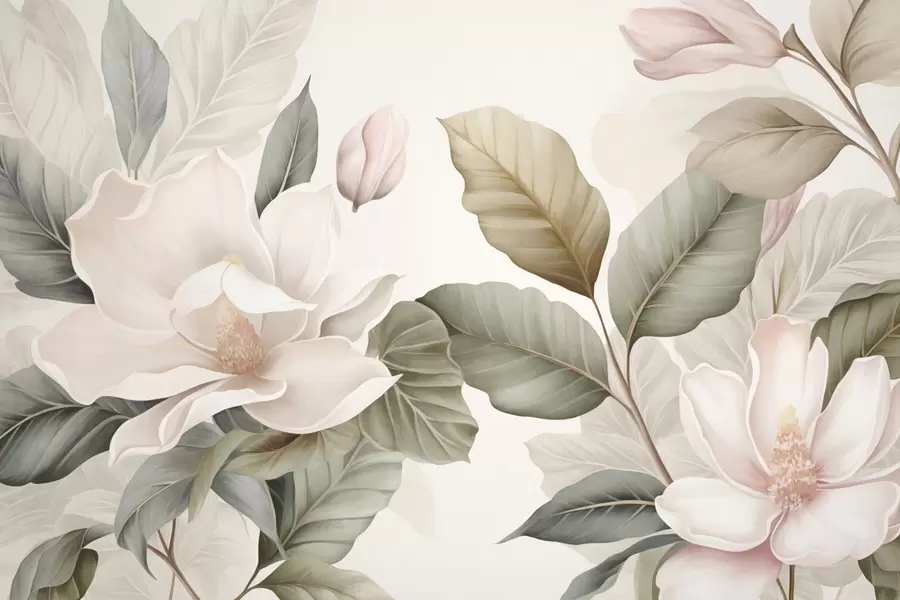 wall murals Цветови магнолије са листовима у пастелним бојама, белим, ружичастим и зеленим, меким, нежним, акварел стилом w09427