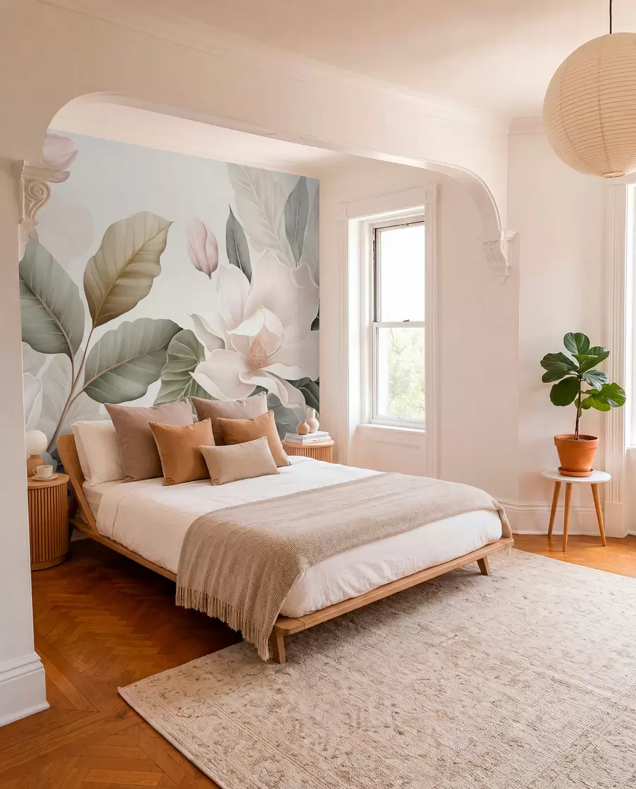 wall murals Цветови магнолије са листовима у пастелним бојама, белим, ружичастим и зеленим, меким, нежним, акварел стилом w09427